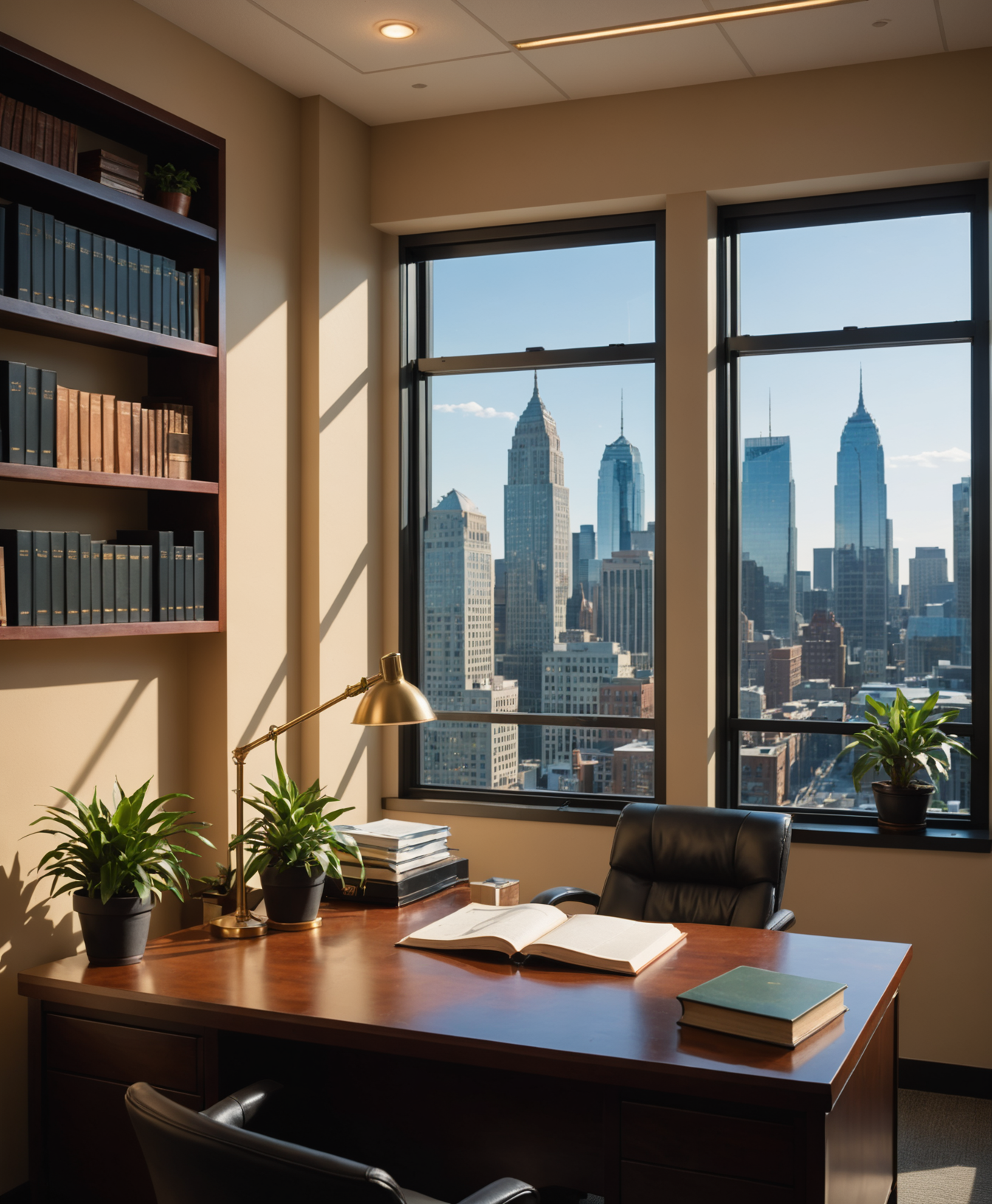 Modern CPA firm office with warm lighting and organized bookshelves in Charlotte
