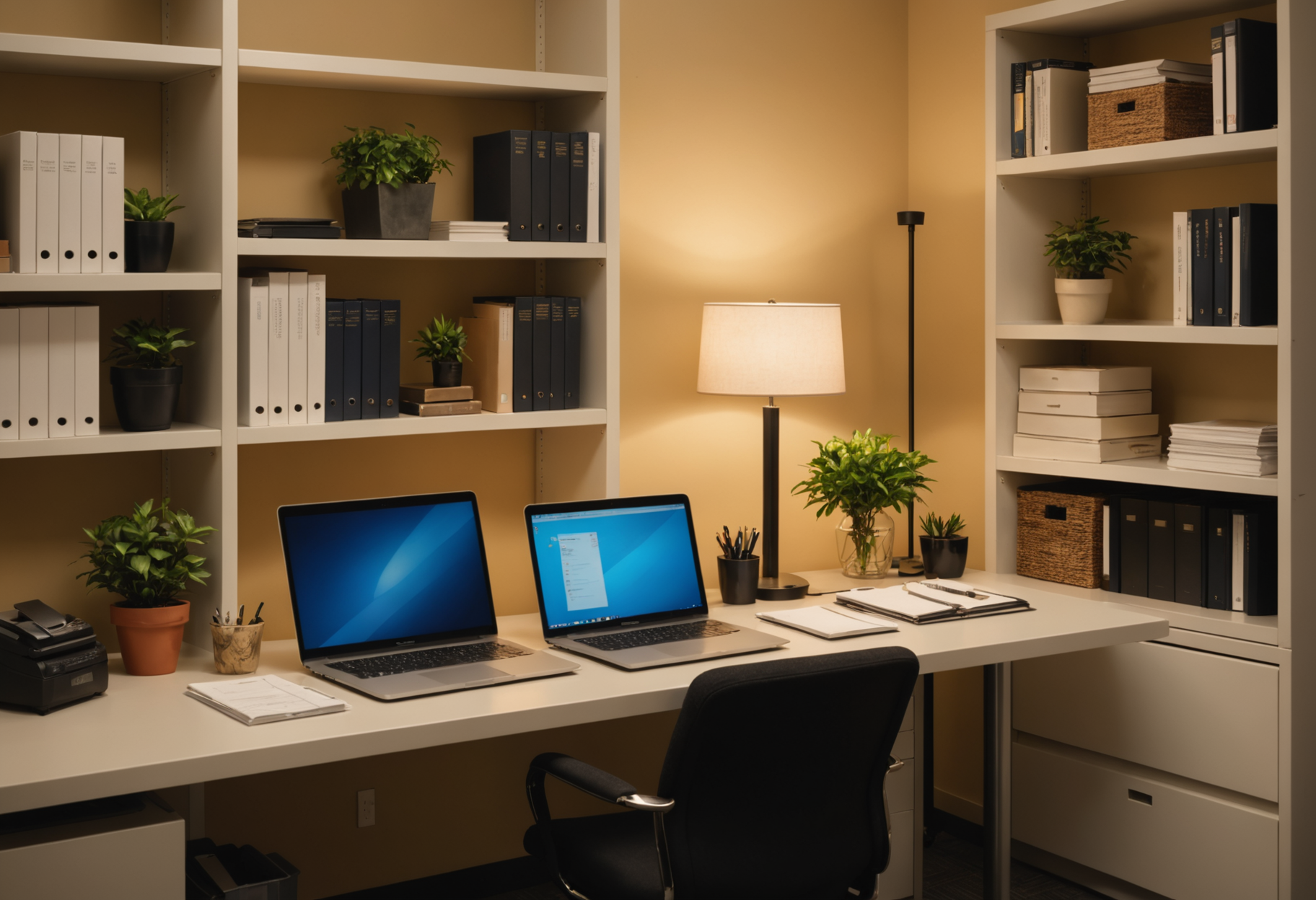 Organized accounting office with warm lighting and neatly filed documents on shelves