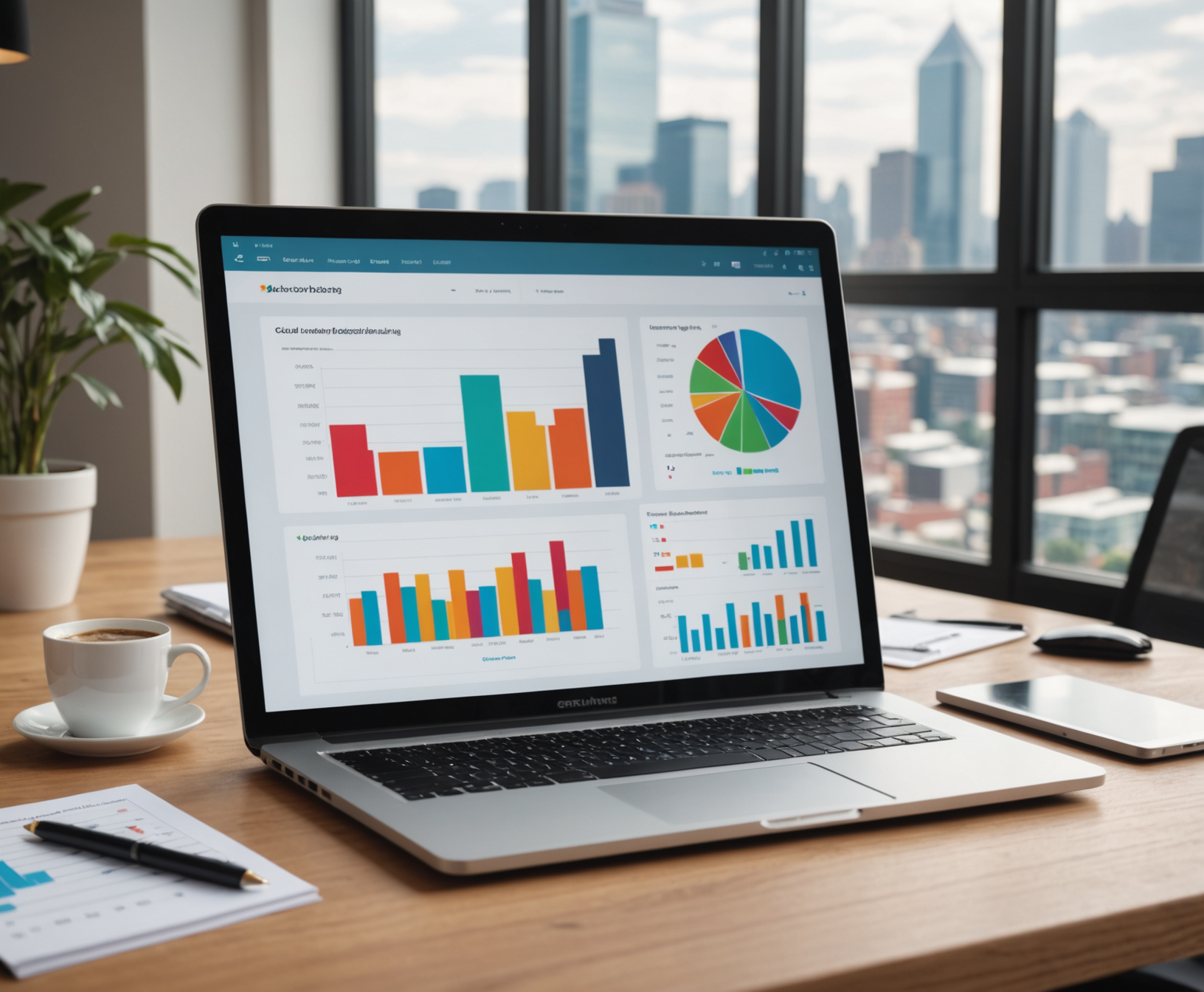 Cloud-based financial portal on a laptop screen in a modern office setting