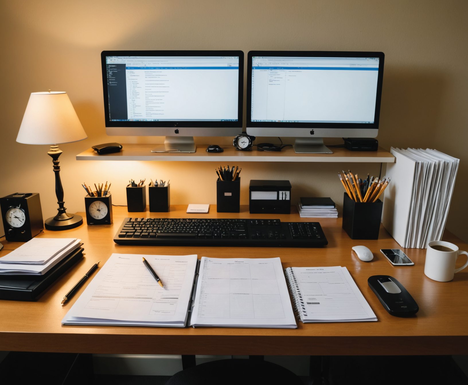 Organized accounting office with neat file folders, dual monitors, and warm desk lamp
